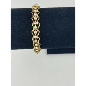 Bracelet Gold Tone Tennis Style Clear Rhinestones 8"